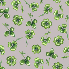 Seamless pattern with clover leaves on violet background. Watercolor clover pattern. St patrick day. Spring background. Floral backdrop 