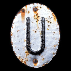 3D render capital letter U made of forged metal on the background fragment of a metal surface with cracked rust.