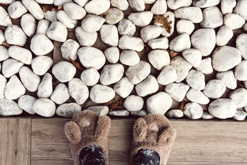 Slippers with bunny ears on white stones