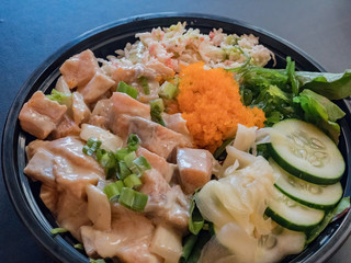 Close up shot of a poke bowl