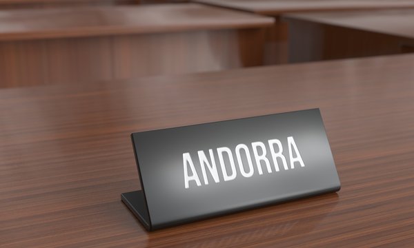 Andorra nameplate on table. Political meeting. 