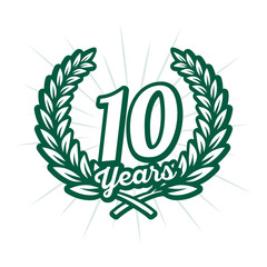 10 years anniversary celebration with laurel wreath. Tenth anniversary logo. Vector and illustration.