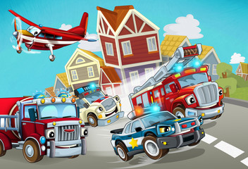 cartoon scene with fireman vehicle on the road with police car and ambulance - illustration for children