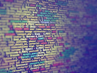 Blue unique background. Programming PHP on laptop computer screen. Program code PHP HTML CSS of...