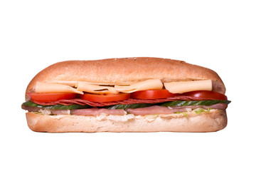 Sandwich isolated on white background. Hot toast with salmon, salami, tomatoes and cheese. Food Image for menu card, web design, site, shop, advertising or delivery.High quality retouch and isolation