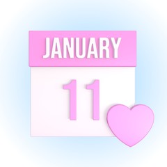 January 11 romantic calendar with pink heart. Love anniversary concept. Relationship date. 3d illustration