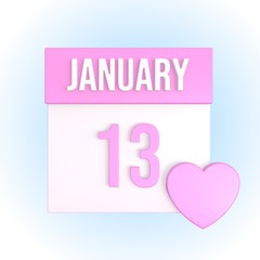 January 13 romantic calendar with pink heart. Love anniversary concept. Relationship date. 3d illustration