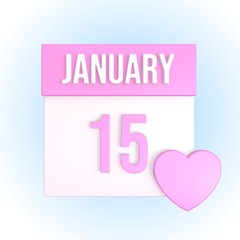 January 15 romantic calendar with pink heart. Love anniversary concept. Relationship date. 3d illustration