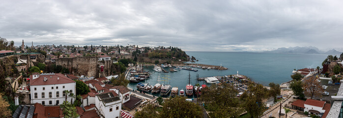 Antalya Old city marina under cloudy weather, old town port panoramic view