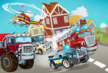 Obraz na płótnie Canvas cartoon scene with fireman vehicle on the road with police car and ambulance - illustration for children