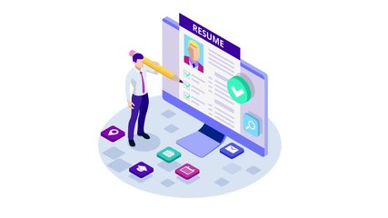 Isometric man and cv resume documents. Recruiting advertisement, Job opportunity. Searching professional staff, work, analyzing resume, documents. HD Video.