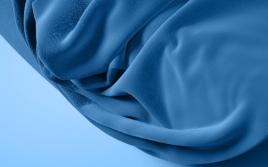 Soft cloth drapery classic blue material on flat background 3d rendering illustration. Horizontal format wallpaper