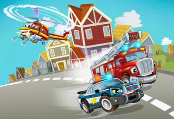 cartoon scene with fireman vehicle on the road with police car - illustration for children