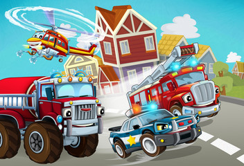 cartoon scene with fireman vehicle on the road with police car - illustration for children