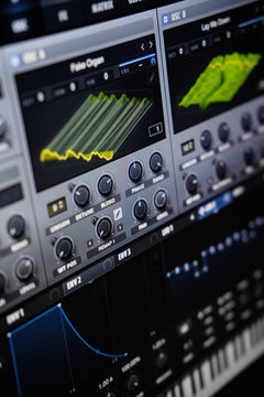 Close up view computer monitor digital audio workstation&nbsp;or DAW music production app, electronic device&nbsp;application software&nbsp;used for&nbsp;recording, editing and producing&nbsp;audio files on pc, sound creation