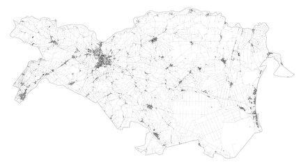 Satellite map of Province of Ferrara towns and roads, buildings and connecting roads of surrounding areas. Emilia-Romagna region, Italy. Map roads, ring roads