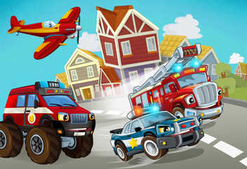 cartoon scene with fireman vehicle on the road with police car - illustration for children