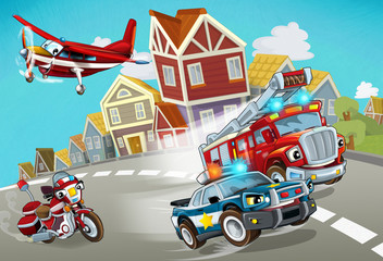 Obraz na płótnie Canvas cartoon scene with fireman vehicle on the road with police car - illustration for children