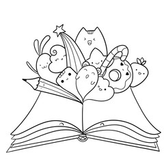 Children's Book Day doodle illustration.  Opened book with kawaii creatures, animals and food. Pattern for coloring page or design print. Easy to change color inside of objects.