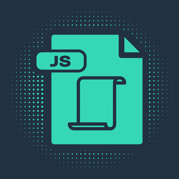 Green JS file document. Download js button icon isolated on blue background. JS file symbol. Abstract circle random dots. Vector Illustration