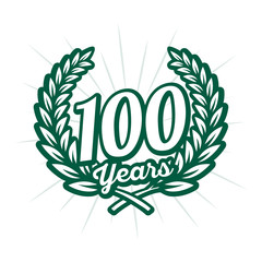 100 years anniversary celebration with laurel wreath. One hundredth anniversary logo. Vector and illustration.