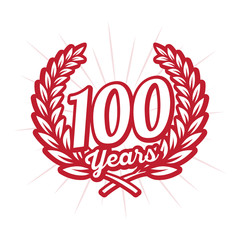 100 years anniversary celebration with laurel wreath. One hundredth anniversary logo. Vector and illustration.