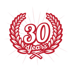 Obraz premium 30 years anniversary celebration with laurel wreath. Thirtieth anniversary logo. Vector and illustration.
