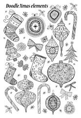 Doodle textured detailed Christmas elements set.