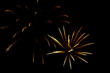 Two yellow fireworks in the shape flowers on the black background.