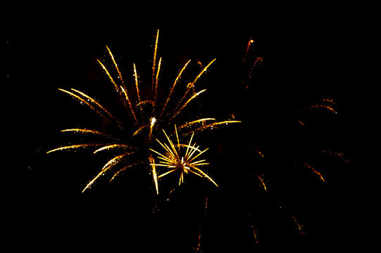 Two yellow fireworks in the shape flowers on the black background.