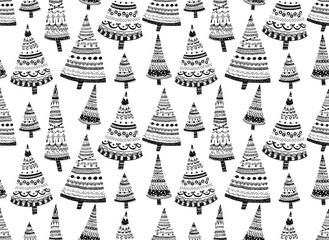Fototapeta na wymiar Doodle textured Christmas trees seamless pattern.