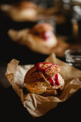Food concept. Breakfast with coffee and shu dessert in cafe