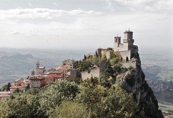 San Marino city view. Fortress on the rock.