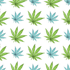 Watercolor seamless pattern with blue and green cannabis leaf isolated on white background. Hand painted illustration. Botanical print for fabric and wrapping paper. 