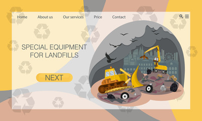 Fototapeta premium City dump, landfill. Special equipment. Problem of waste disposal. Concept of website, landing page design template