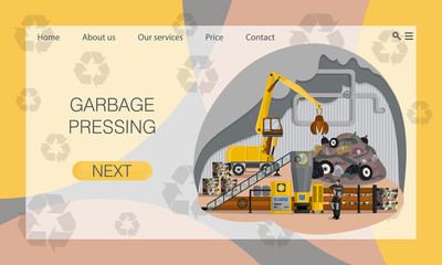 Process of compressing garbage before disposal in production shop. Concept of website, landing page design template