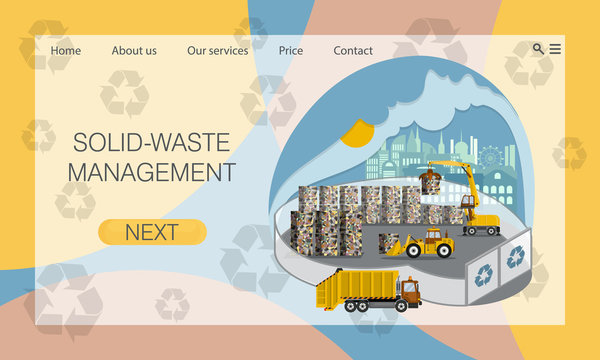 Solid-waste management. Storage of garbage blocks and preparation of waste for recycling in modern landfill. Concept of website, landig page design template