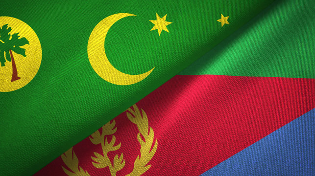 Cocos Keeling Islands and Eritrea two flags textile cloth, fabric texture