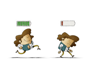 Cheerful businesswoman with high full level energy battery green and tired businesswoman with low battery red color. Business concept. isolated.