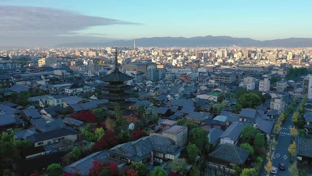 Aerial view 4k video by drone of Yasaka Pagoda in Kyoto city, Japan.