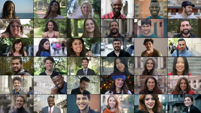 Multiscreen on smiling multiethnic young people.Joy, carefreeness, happiness