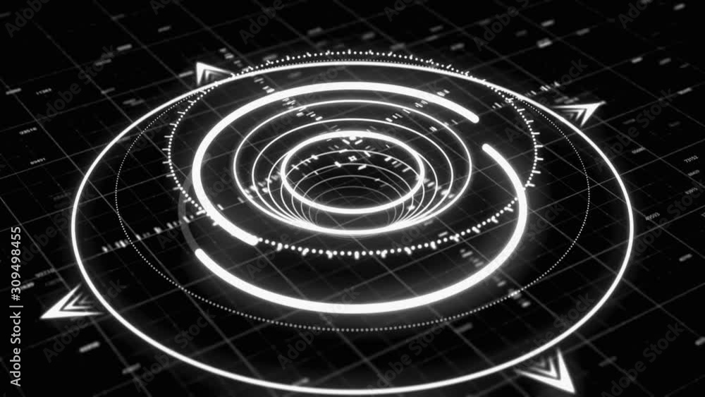 Poster monochrome 3d circular graph resembling a modern compass with several narrow arrows and digits on th
