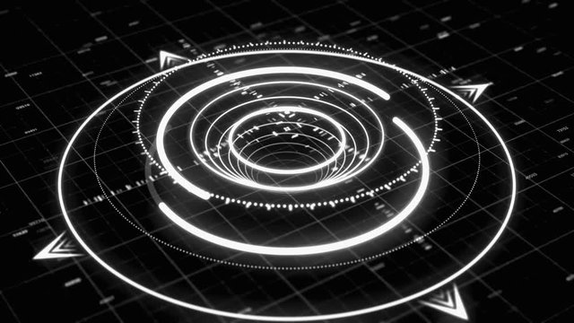 Monochrome 3d circular graph resembling a modern compass with several narrow arrows and digits on the dark background. Animation. Future and innovation concept