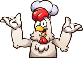 Happy cartoon chef chicken with arms up. Vector clip art illustration with simple gradients. All in a single layer.