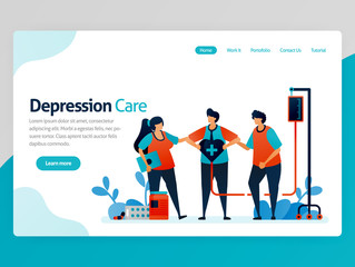 Illustration of depression care. Friends support and awareness in treatment and health therapy. Healing of mental disorders. Vector cartoon for website homepage header landing web page template apps