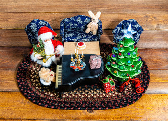 Top down Christmas scene Santa and bear playing piano