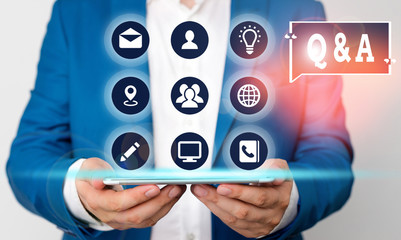 Text sign showing Q And A. Business photo text defined as questions being asked and answers
