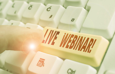 Writing note showing Live Webinar. Business concept for presentation lecture or seminar transmitted...