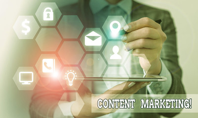 Conceptual hand writing showing Content Marketing. Concept meaning involves creation and sharing of...