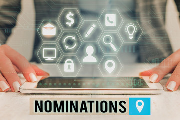 Text sign showing Nominations. Business photo showcasing the act of officially suggesting someone...